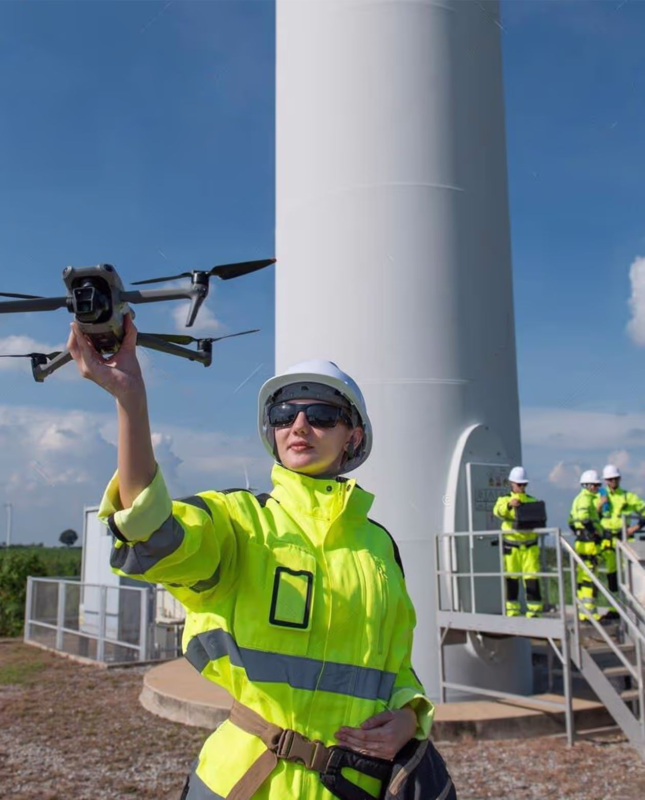 A technician holding a drone near a wind turbine for maintenance and inspection.